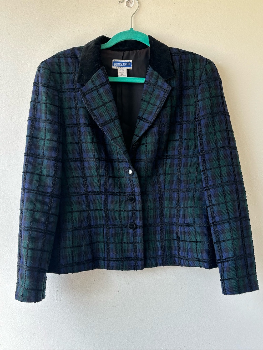 Pendleton Blackwatch Plaid Wool Blazer with Velvet Collar - Black & Green